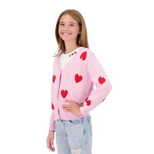 DKNY Youth 2-Piece Cardigan Set, White Shirt & Pink Heart Cardigan, L-14/16